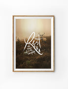 Poster featuring beautiful typography bible verses with woods designs. ‘Rest in the shadow of the almighty’. 200GSM paper, available in A3,A4 size.