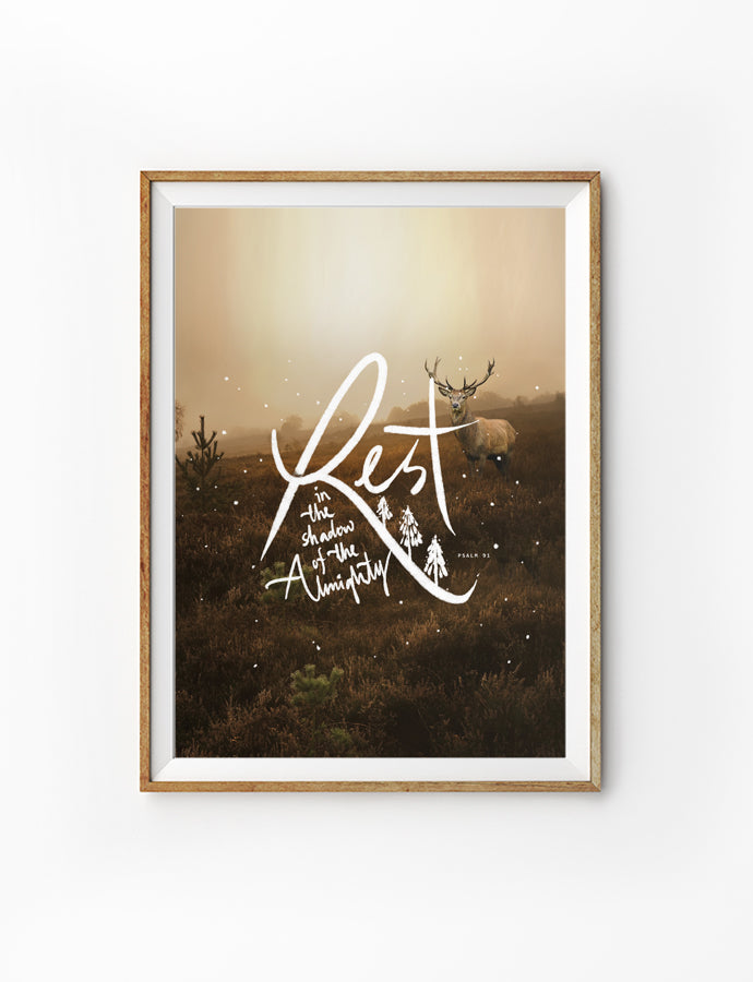 Poster featuring beautiful typography bible verses with woods designs. ‘Rest in the shadow of the almighty’. 200GSM paper, available in A3,A4 size.