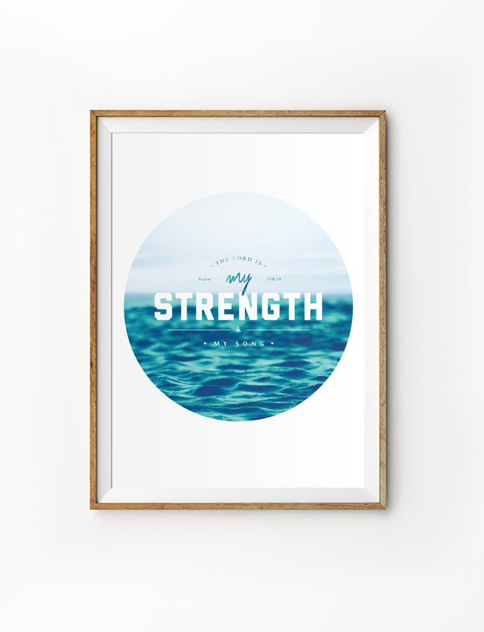 Posters featuring beautiful typography bible verses with calm sea designs. ‘The Lord is My strength and song’. 200GSM paper, available in A3,A4 size.