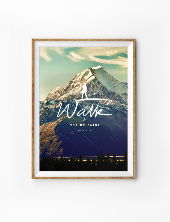 Posters featuring beautiful typography Bible verse quote. ‘Walk and not be faint’. 200GSM paper, available in A3,A4 size. 