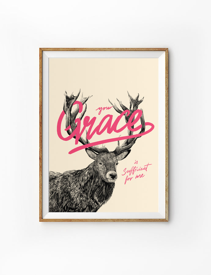 Posters featuring beautiful typography bible verse quote with deer design. ‘your grace is sufficient for me’. 200GSM paper, available in A3,A4 size. 