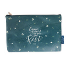 Multipurpose PU Leather pouch in green with lily of the valley designs on it. Features bible verse ‘Come to me and I will give you rest ' in white lettering and is great Christian gift idea. The pouch has inner lining, gold zip. Dimensions: 21cm (W) x 14cm (H)