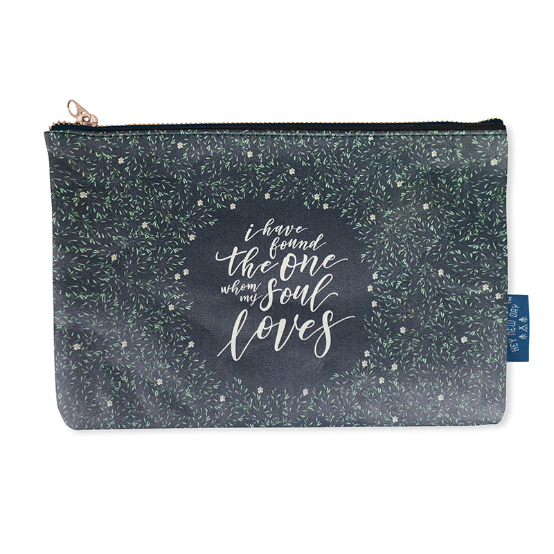 Multipurpose PU Leather pouch in blue with mini flowers designs on it. Features bible verse ‘I have found the one whom my soul loves’ in white lettering and is great Christian gift idea. The pouch has inner lining, gold zip. Dimensions: 21cm (W) x 14cm (H)