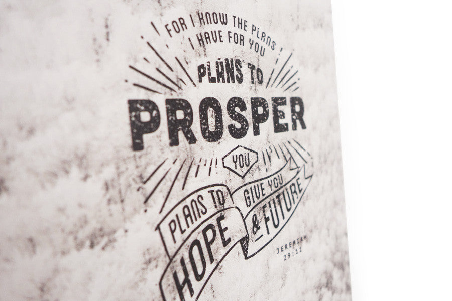 Close up of motivational bible verse ‘Plans to prosper you’ on clouds background digitally printed on 16cmx20cm quality pine wood.