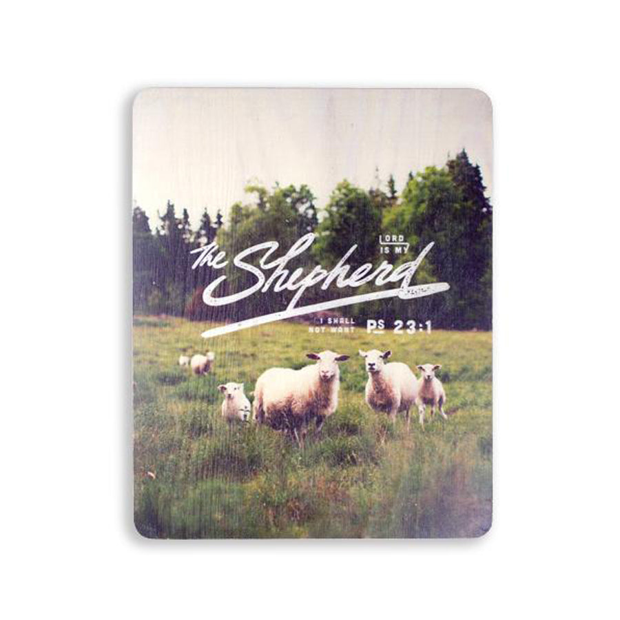 motivational bible verse ‘The Lord is my shepherd’ on sheep and grassland background with white font details digitally printed on 16cmx20cm quality pine wood.