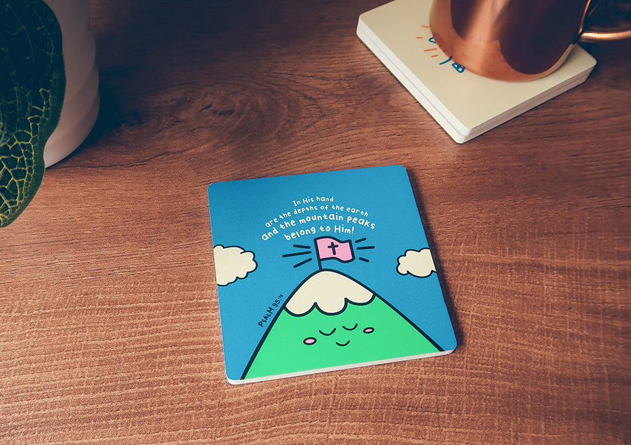 The Mountain Peaks Christian coaster styled as a faith-filled gift.