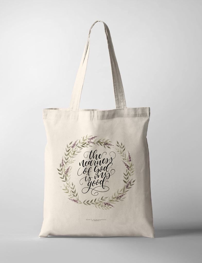 floral lettering design by Lydia printed on canvas tote bag flower wreath commandment co gifts for christians female friends 