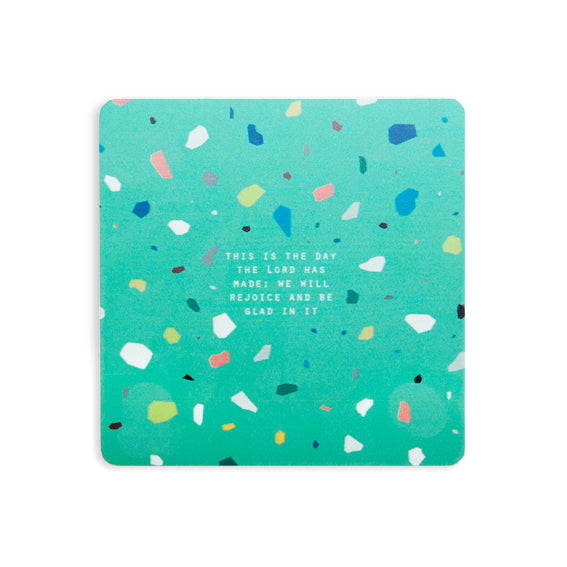 This is the day the lord has made we will rejoice and be glad in it green terrazzo bible verse coaster