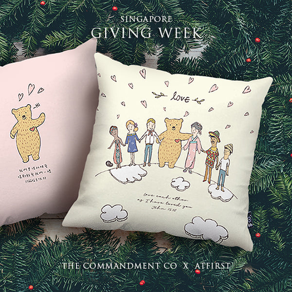 Premium 45cm x 45cm Super soft velvet cushion cover in soft yellow. Features inspirational truth of 'love' with designs of bears and people from all over the world holding hands.