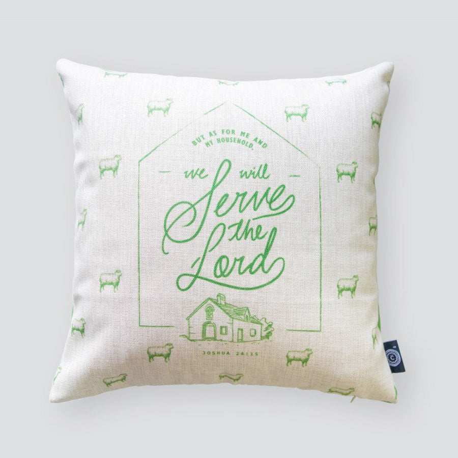 We Will Serve the Lord Joshua 24:15 Christian cushion cover, front product view.