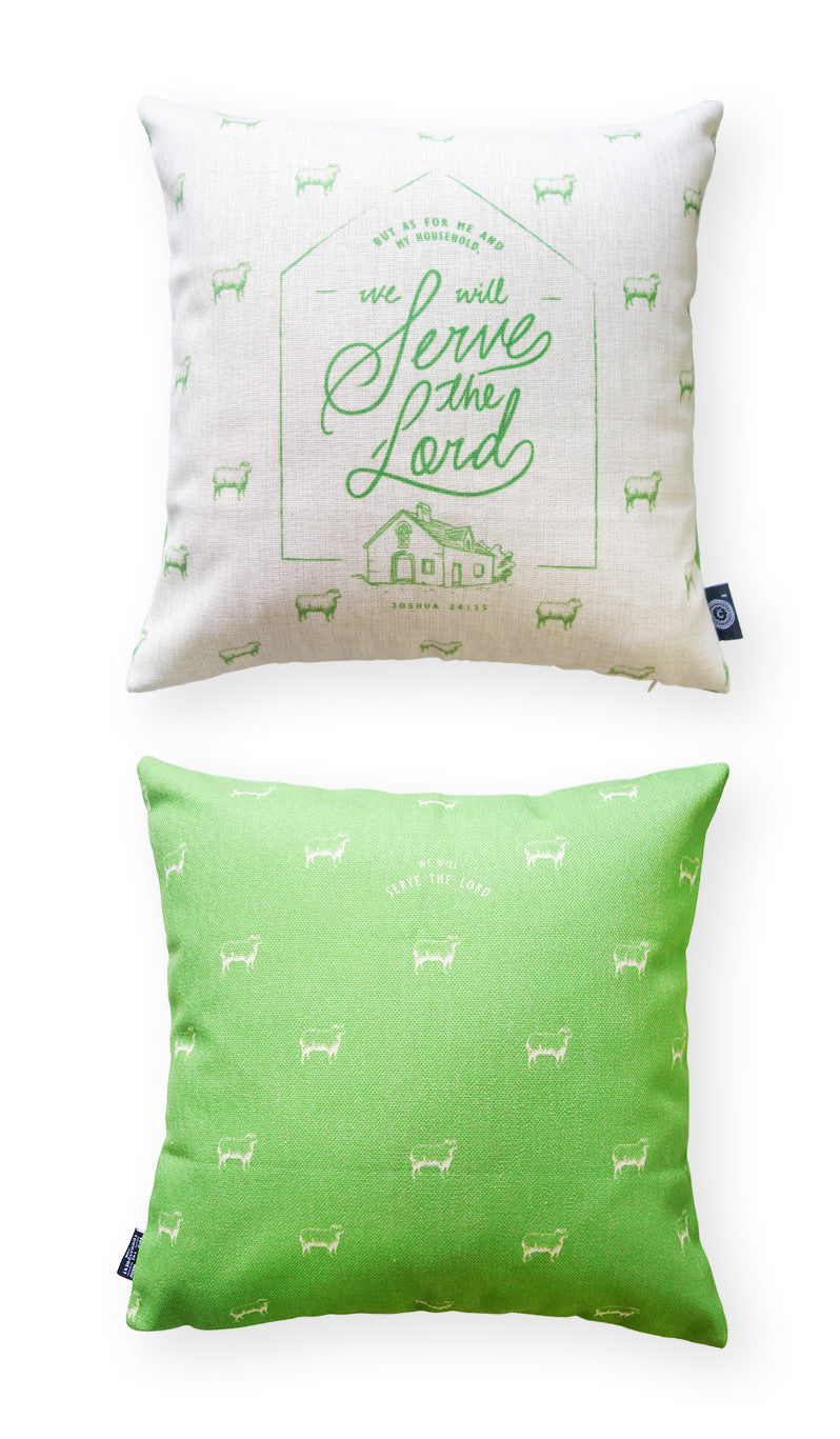 We Will Serve the Lord Christian cushion cover in cotton-linen fabric, detail view.