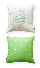 We Will Serve the Lord Christian cushion cover in cotton-linen fabric, detail view.