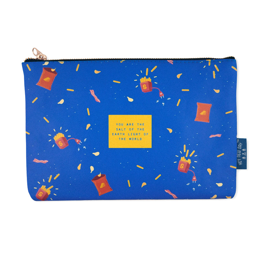 Multipurpose PU Leather pouch in blue with fries designs on it. Features bible verse ‘You are the salt of the earth, you are the light of the world ' in blue lettering and is great Christian gift idea. The pouch has inner lining, gold zip. Dimensions: 21cm (W) x 14cm (H)