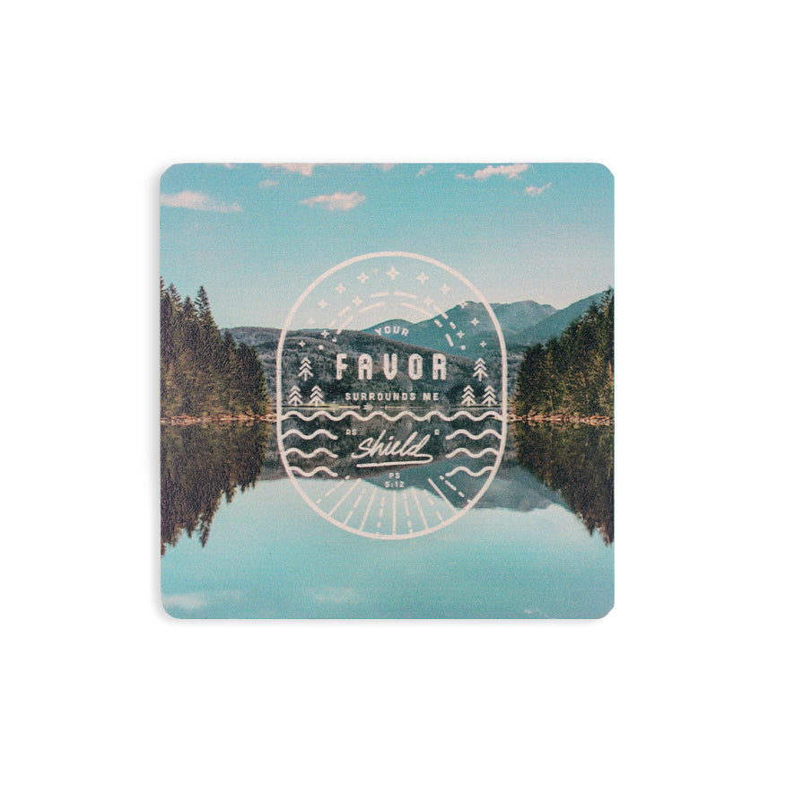 10cmx10cm blue wooden coaster with mountain designs and encouragement bible verse “Your favour surrounds me as a shield”.