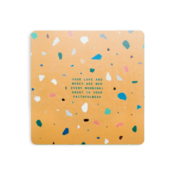 Your love and mercy are new every morning great is your faithfulness yellow terrazzo bible verse coasters